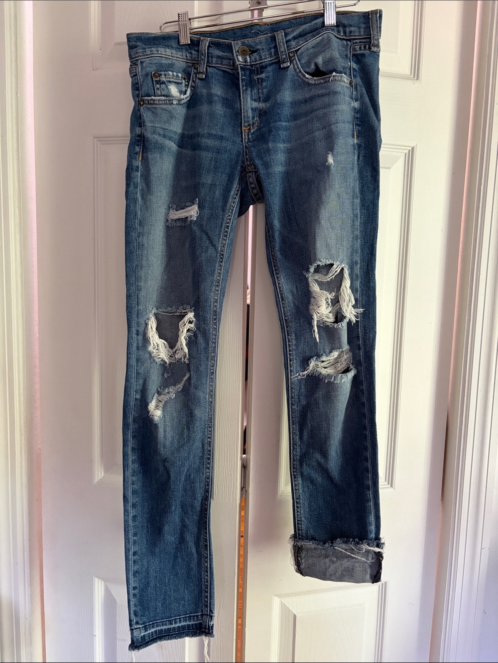 rag & bone Distressed Medium Blue Rolled Cuff Boyfriend Jeans